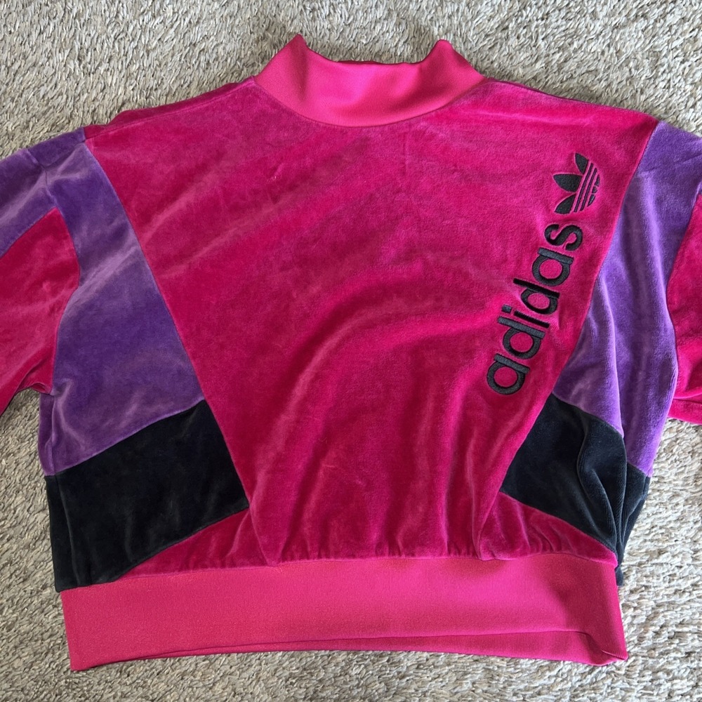 Adidas Women's Colorblock Velour Pullover Sweatshirt Cropped Sz M - Picture 6 of 9